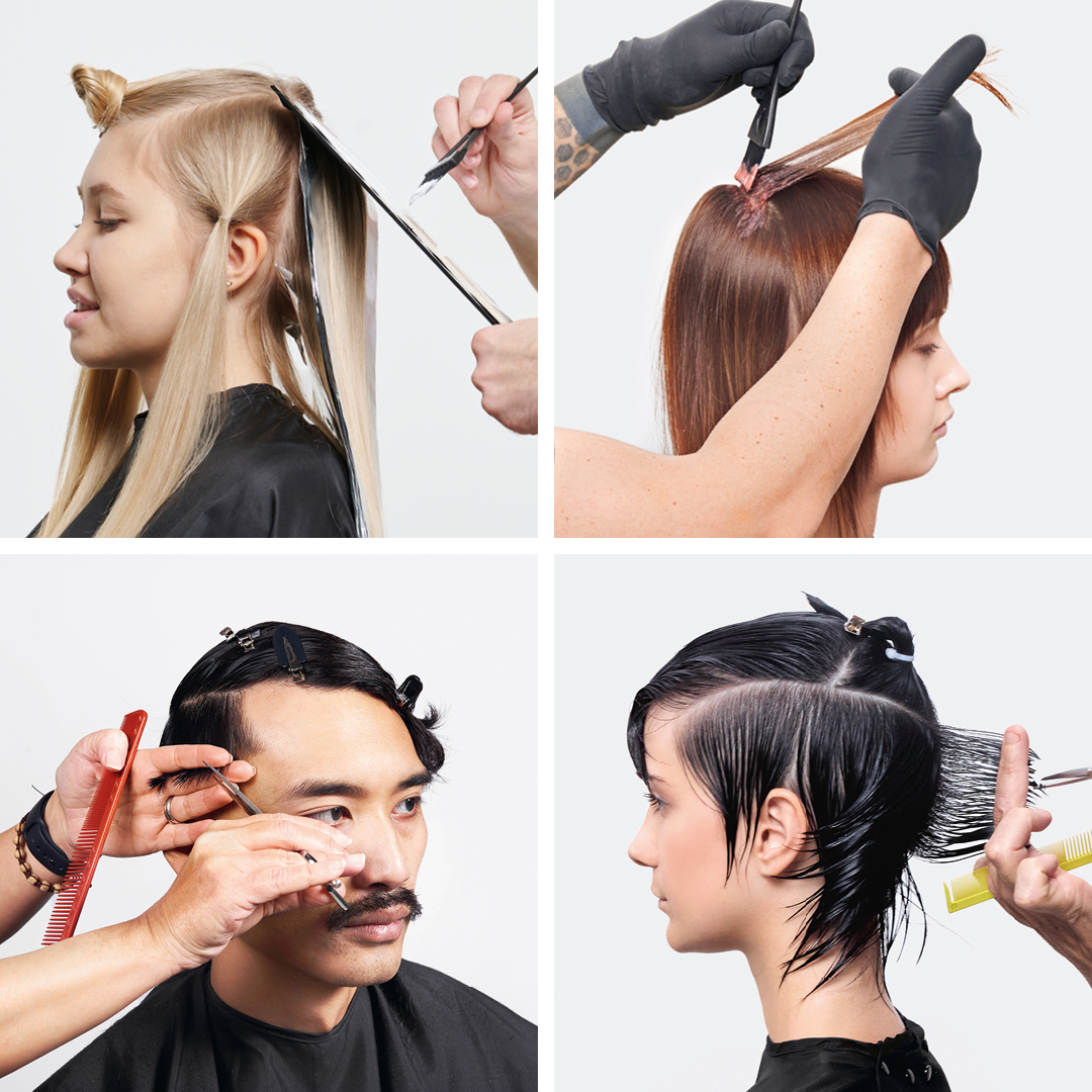 collage di quattro modelle mentre le stanno tagliando i capelli